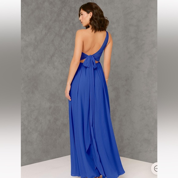 A-Line Lace Chiffon Floor Length Dress in Royal Blue - Picture 3 of 5